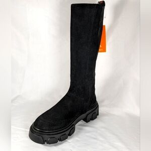 New Farm RIO Boot Lug Sole Black Vegan Suede Tall Knee Side Zip Boots Size 8.5